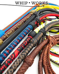 many different colored ropes with the words whip works on them