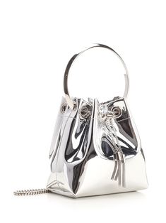 Shiny silver mirror-effect leather Bon Bon bucket bag by Jimmy Choo with metal handle, chain drawstring closure, chain shoulder strap and small inside pocket. Composition: 60% FABRIC 40% BRASS Magazine Vogue, Trim Fabric, Mini Bucket Bags, Ring Handle, Bon Bon, Footwear Design Women, Metal Ring, Handle Bag, Leather Fabric