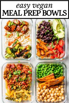 four meal prep containers filled with vegetables and meats, including peas, broccoli,