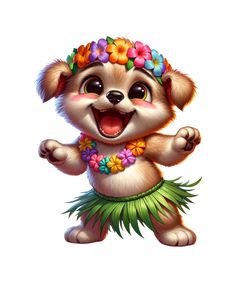 a cartoon dog wearing a hula skirt with flowers on it's head and smiling