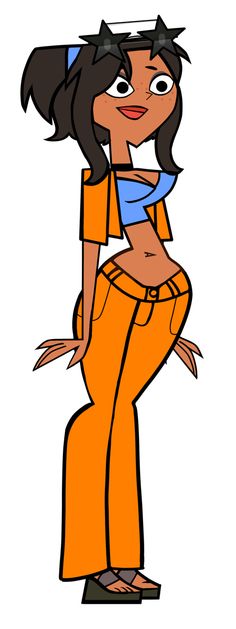 a cartoon girl in an orange jumpsuit with her hands on her hips and one hand on her hip