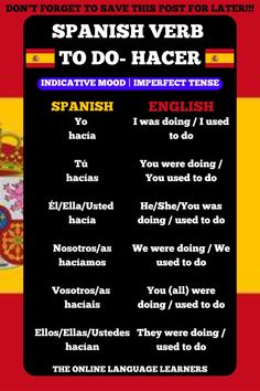 Use this pin by to expand your Spanish vocabulary! This Spanish grammar list is part of our series where we show conjugations for a commonly used word- in this post we looked at the verb to do, hacer in Spanish. If you want to see more Spanish word lists, visit the linked post to see our full Spanish grammar list. Check out our profile to also see more of our Spanish vocabulary lists and Spanish grammar cheatsheets like this one. Follow us if you find these Spanish grammar lists useful, and to stay updated to make sure you never miss when we post more Spanish vocabulary lists. Imperfect Tense Spanish, Spanish Slang Words, Spanish Vocabulary List, Language Learning Tips, Basic Spanish, Basic Spanish Words, Language Learning Apps, Spanish Verbs, Italian Language Learning