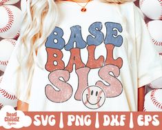 a woman wearing a baseball shirt with the words base ball siss on it