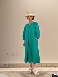 Fisdy - Cotton Plain Weave Bubble Sleeve Dress with Dual Pleats Bubble Sleeve Dress, Basic Skirt, Bubble Sleeve, Basic Outfits, Plain Weave, Types Of Skirts, Layers Design, Olivia Mark, A Line Skirt