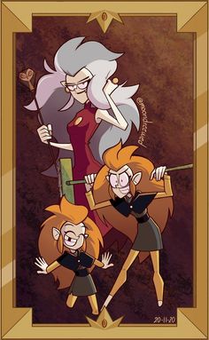 an image of three cartoon characters with one holding a wand and the other pointing at something