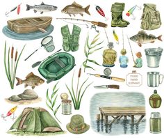 watercolor illustration of fishing related items and equipment