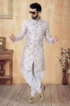 Gorgeous Beige Color Silk Fabric Wedding Wear Readymade Indo Western F Sherwani With Dhoti