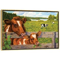 a painting of two cows sticking their heads over a fence