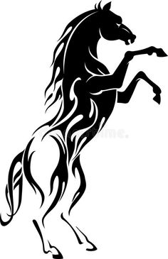 black and white silhouette of a horse with long manes on it's back