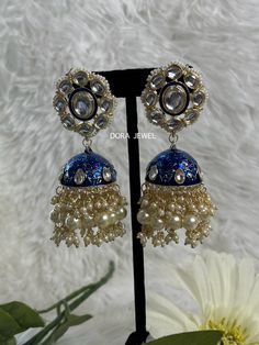 These elegant Jhumka Earring are made for you 😍 Elegant Blue Earrings With Tilla, Party Kundan Jhumkas, Elegant Blue Chandbali Jhumkas, Elegant Blue Jhumkas With Latkans, Elegant Blue Jhumkas For Wedding, Elegant Heavy Blue Jhumkas, Jhumka Earrings, Jewelry Earrings Dangle, Dangle Earrings