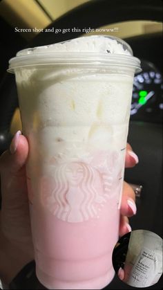 someone holding up a pink starbucks drink in their left hand, with the caption's message below it