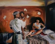 a painting of a man and woman sitting on a bed