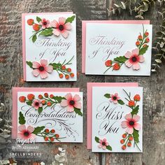 four cards with pink flowers and green leaves