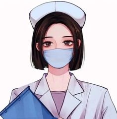 a woman wearing a surgical mask and holding a folder