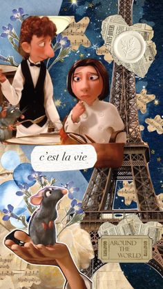 an altered collage of two people in front of the eiffel tower, one holding a mouse