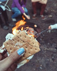 a person holding a cracker over an open fire pit with the words, fall style s'mores on it