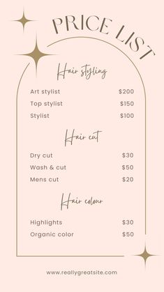 the price list for hair stylist's salon in front of a pink background