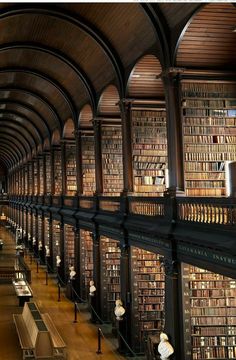 a long library filled with lots of wooden bookshelves next to rows of benches