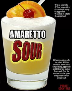 an advertisement for amarettoo sour with oranges and cherries on the rim