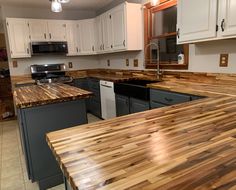 Upgraded our kitchen on a budget. Cabinets Butcher Block Countertops, Block Countertops, Western Gothic, Crib Design, Butcher Block Kitchen, Apron Front Sink, Painted Cabinets