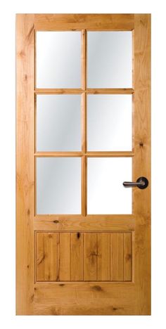 a wooden door with four panes and mirrors on the front side, all in natural wood