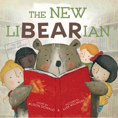 the new librarian book cover with children looking at an animal holding a red book in front of them