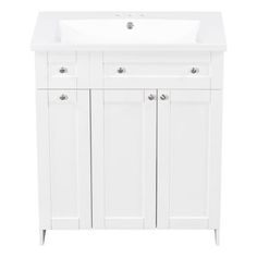 a white sink and cabinet on a white background