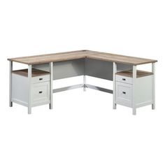 a corner desk with two drawers on each side and one drawer at the top, in white