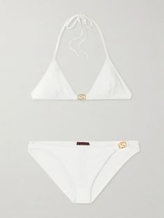 Gucci's bikini is made from stretch fabric that has a subtle sheen. It has fixed triangle cups and low-rise briefs, both detailed with the house's interlocking logo. Miami Bachelorette Party, Gucci Clothes, Light Grey Leggings, White Bikinis, Gucci Eyewear, Beach Swimwear, Summer Bikinis, Ski Wear, Monokini