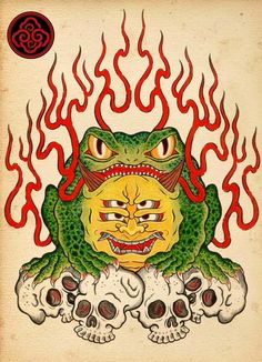 a drawing of a frog with skulls on it's back and red flames coming out of its mouth