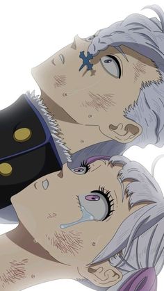 two anime characters one with grey hair and the other with white hair, are hugging