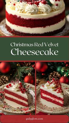 christmas red velvet cheesecake with white frosting and sprinkles