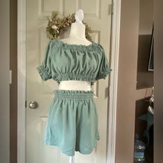 Mint Colored, Shorts & Top Set By Shein. Never Worn. Top Can Be Worn Off The Shoulders And Shorts Have Ruffled Elastic Waist. Size Large Casual Short Sets With Elastic Waistband, Casual Spring Matching Set Bottoms, Green Short Length Sets For Spring, Green Short Length Spring Sets, Casual Fitted Sets With Elastic Waistband, Casual Sets With Elastic Waistband, Green Two-piece Bottoms For Summer, Green Summer Sets With Elastic Waistband, Spring Casual Two-piece Bottoms Set