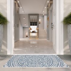 an entry way with potted plants on either side