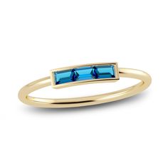 A sleek row of three baguette-cut natural blue zircon gemstones modernizes this striking bar style ring from the Juliette Maison™ collection. Fashioned in 10K yellow gold, the bezel set stones make a bold but elevated statement with its minimal design. Diamond Solitaire Earrings, Gold Book, Jared The Galleria Of Jewelry, Bar Ring, Bar Styling, Blue Zircon, Gold Price, Baguette Cut, Minimal Design