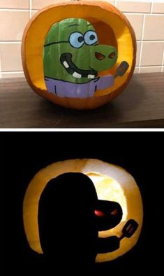 two pumpkins that have been carved to look like cartoon characters