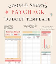 the google sheets paycheck budget template is shown in red and blue, with text on