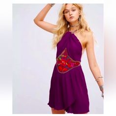 *Nwt* Free People Marcella Mini Dress Floral Embroidered Size 2 Aubergine / Purple / Eggplant Color Beautiful, Unique Dress - Very Flattering! Crinkly Mini Dress Featuring Bold Colorful Floral Embroidery Detailing. Open Back. Metallic Braided Straps. Hidden Back Zip Closure. Lined. 30 Inches Long 13.5 Inch Waist 100% Polyester. Lining: 100% Rayon. Dry Clean. Work Outfits Casual, Dress Wardrobe, Boho Womens Clothing, Free People Lace Dress, Embroidered Mini Dress, Knit Shift Dress, Hippie Style Clothing, Halter Mini Dress, Denim Mini Dress