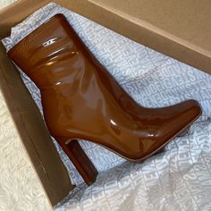 Brand New! Never Worn, Brand New With Box. Trendy Fitted Booties With Block Heel, Brown Pointed Toe Party Booties, Trendy Brown Booties For Party, Fitted Brown Booties With Round Toe, Fitted High Heel Brown Booties, Fitted Brown High Heel Booties, Chic Fitted Brown Booties, Brown Booties, Steve Madden Shoes