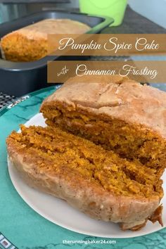 pumpkin spice cake with cinnamon frosting on a plate