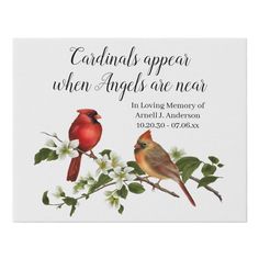 cardinals appear when angels are near on a white background with green leaves and flowers