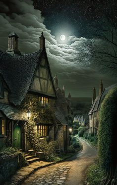 an image of a night scene with the moon in the sky and houses on the street