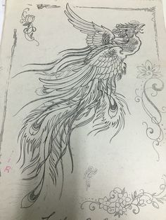 a drawing of a bird with feathers on it's back