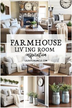 the farmhouse living room is filled with white furniture