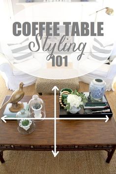 a coffee table sitting in front of a window with the words coffee table styling 101 on it