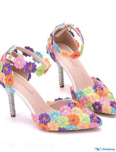 OrcaJump - Womens Wedding Shoes Ankle Straps Heels Bridal Shoes and Bags Matching Satin Stones Set Lace Flower High Heel 4-inch Heel Spring Wedding Guest Heels, Spring Wedding Guest Shoes With Heel Strap, Spring Wedding Shoes With Flower Design, Spring Wedding Shoes With Ankle Strap And 4-inch Heel, Spring Wedding Shoes With 4-inch Heel And Ankle Strap, Wedding Shoe Clips For Spring, Multicolor High Heel Wedding Shoes, Multicolor High Heels For Wedding, Closed Toe Wedding Shoes With 4-inch Heel For Spring