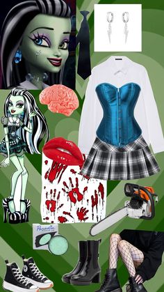 a collage of various items including shoes, clothing and accessories for an animated character