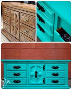 an old dresser has been painted turquoise and is being used as a sideboard for furniture