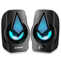 two black speakers with blue and purple designs on the front one has an arrow symbol