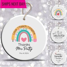 personalized ceramic ornament for teachers with rainbow and teacher's day message